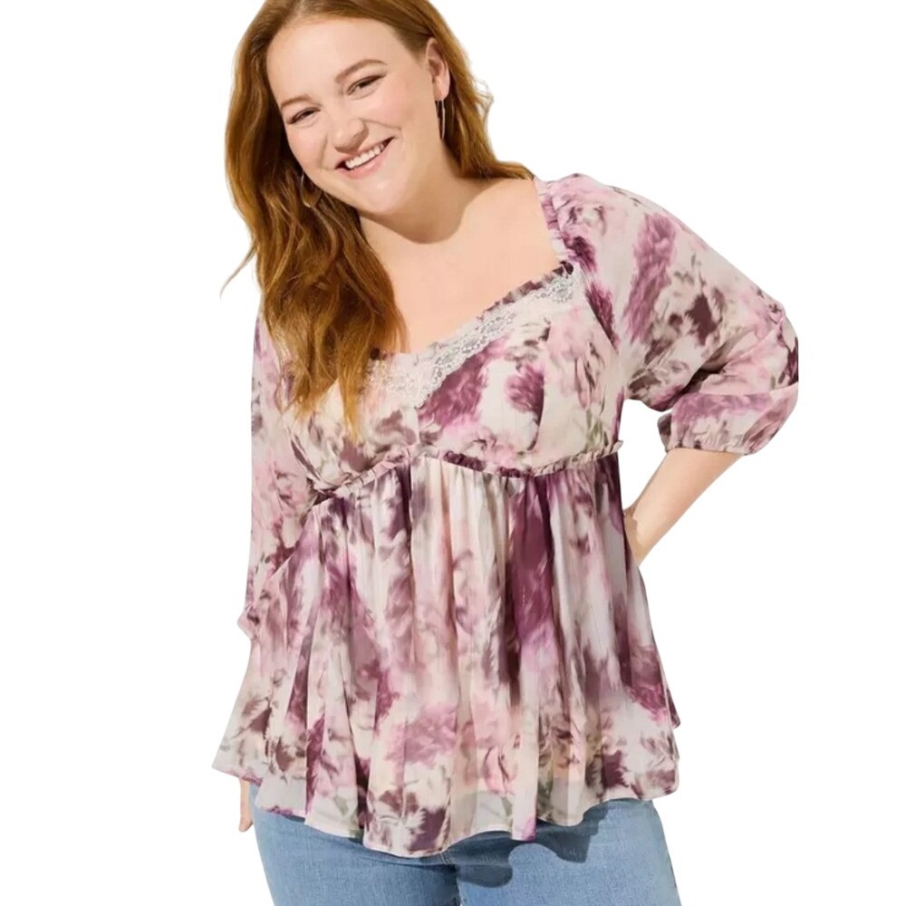 Torrid Babydoll Crinkle Chiffon Blouson Sleeve Dusk Rose Floral Top 1X‎ 14-16